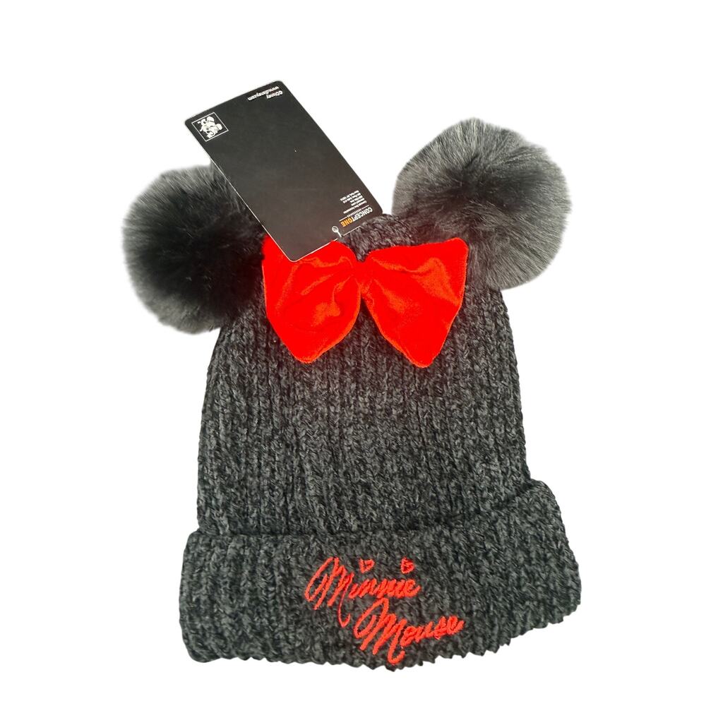 Disney Womens Minnie Mouse Knit Beanie Faux Fur Pom Poms Red Bow NWT Black OSFA
